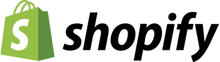 Logo of Shopify, featuring a green shopping bag with a handle in the shape of an 's', next to the custom web design-inspired black stylized text 