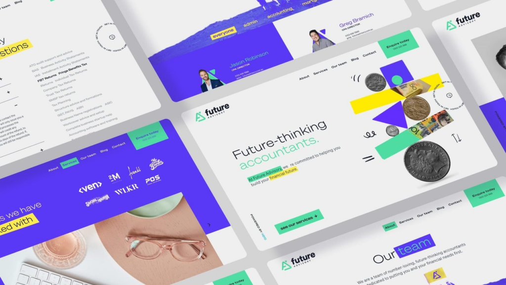 Choosing the Right Web Design Agency and Development in Melbourne 4 A digital collage showcasing website mockups for "Future Thinking Accountants" integrates bold colors like purple, green, and yellow. Featuring images of coins, people, and logos of partner companies, it highlights financial advisors using case studies within various text elements. | Ven Agency