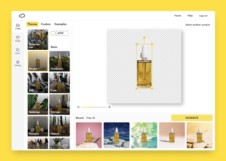 Screenshot of a graphic design tool interface. A product image of a dropper bottle with yellow liquid is displayed. On the left, various theme options like "Studio" and "Outdoors" are shown in a sidebar, alongside 2024 AI adoption trends thumbnails below. | Ven Agency