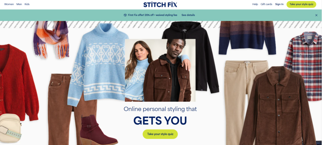 A website homepage features a banner with the logo "STITCH FIX" and a mix of winter clothing items like sweaters, a scarf, and boots. Two models stand in the center, showcasing 2024's AI adoption trends in fashion. The text reads, "Online personal styling that GETS YOU. | Ven Agency