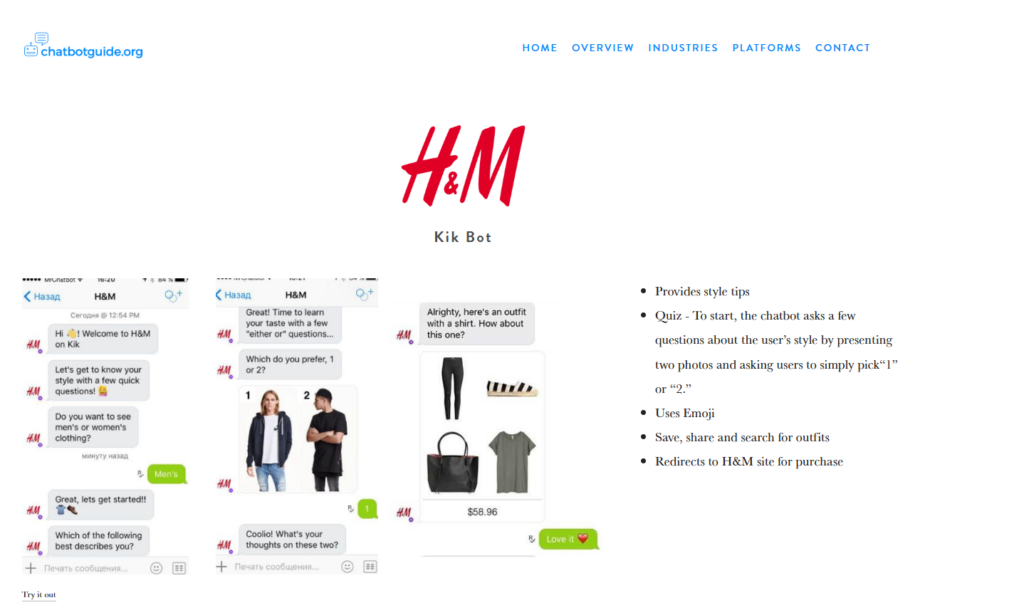 Screenshot of a webpage featuring a chatbot interaction with H&M on Kik. The chat, part of AI adoption trends in 2024, shows a style quiz, outfit images, and prices. The right side lists features like style tips and emoji use. H&M logo is at the top. | Ven Agency