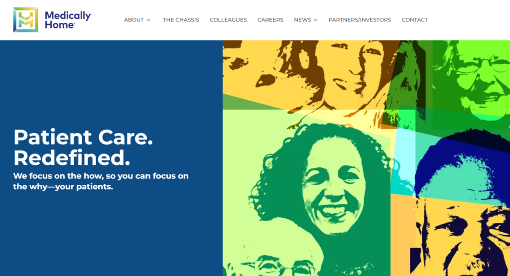 A stylized, colorful collage of smiling faces is on the right side of the image. On the left, a blue background features white text: "Patient Care Redefined for 2024. We explore AI adoption trends to focus on how, so you can focus on why—your patients. | Ven Agency