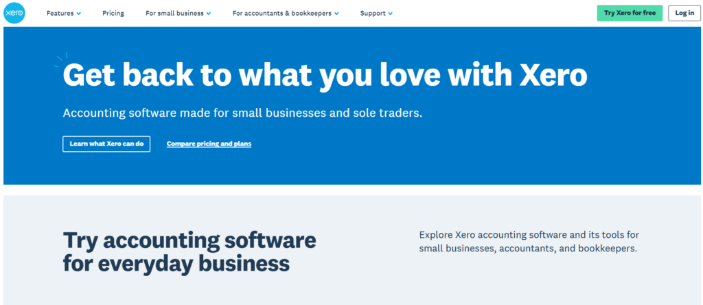 Screenshot of Xero's website featuring a blue banner reading, "Get back to what you love with Xero in 2024." Below, it offers information about accounting software for small businesses and options to explore AI Adoption Trends or compare pricing. | Ven Agency