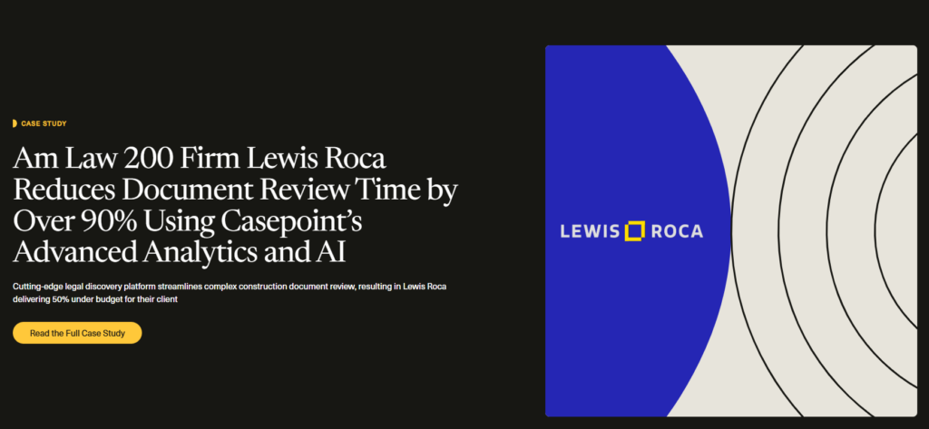 A promotional graphic for a 2024 case study featuring the Lewis Roca law firm. The text highlights AI adoption trends, revealing they reduced document review time by over 90% using Casepoint's AI. The graphic boasts a blue and white abstract design with the Lewis Roca logo. | Ven Agency