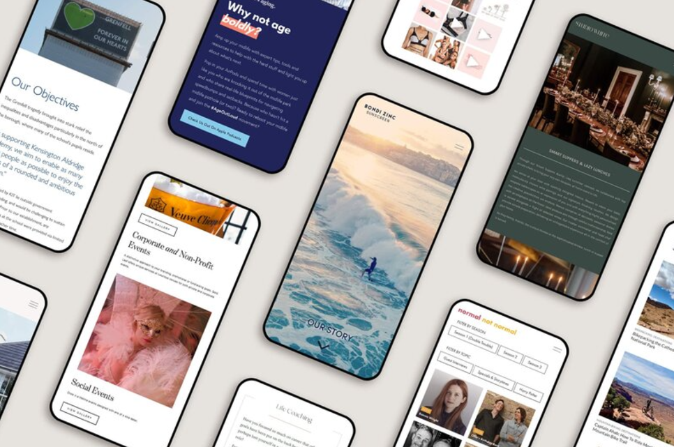 A collection of smartphones showcases a variety of websites and apps, including social media, e-commerce, and travel content. Each phone displays unique designs reminiscent of a Squarespace business website, arranged in a scattered pattern on a light background for optimal SEO visibility. | Ven Agency