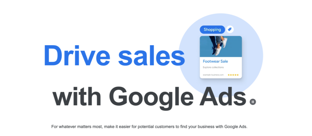 Proven Google Ad Strategy for Small Business in Australia 1 A promotional graphic for Google Ads features "Drive sales with Google Ads" next to a digital shopping ad card showing a shoe with the phrase "Footwear Sale." Perfectly tailored for small businesses in Australia looking to enhance their Google Ad strategy. | Ven Agency