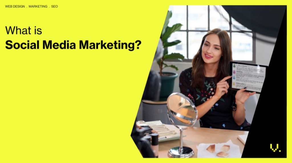 Social Media Marketing for SMEs in Australia a Practical Guide in 2025 1 A woman sits at a table, holding up a tablet displaying text about social media marketing. Surrounded by makeup items and a mirror, the room's split yellow backdrop poses the question "What is Social Media Marketing?" Perfect for Australia’s SMEs. A plant and window add to the ambiance. | Ven Agency