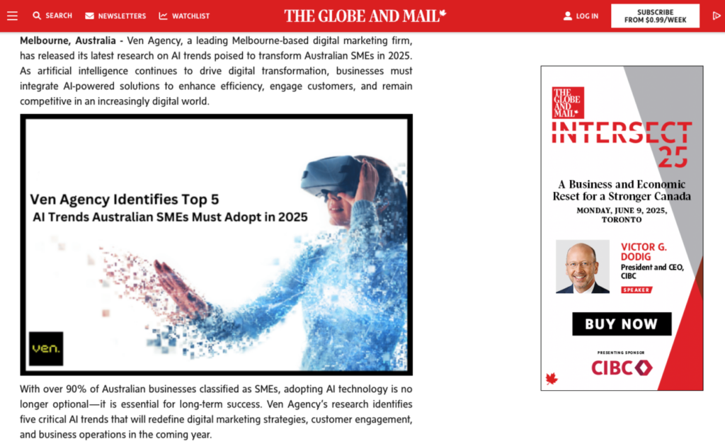 A webpage layout boasts the headline "Ven Agency Identifies Top 5 AI Trends Australian SMEs Must Adopt in 2025." It showcases a person wearing a VR headset amidst digital binary code, highlighting strategic insights, and offers links to business-related articles. | Ven Agency